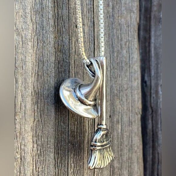 Goth Necklace Witch’s Broom & Hat, Silver Color, Engraved Design Layering Piece - Picture 5 of 5